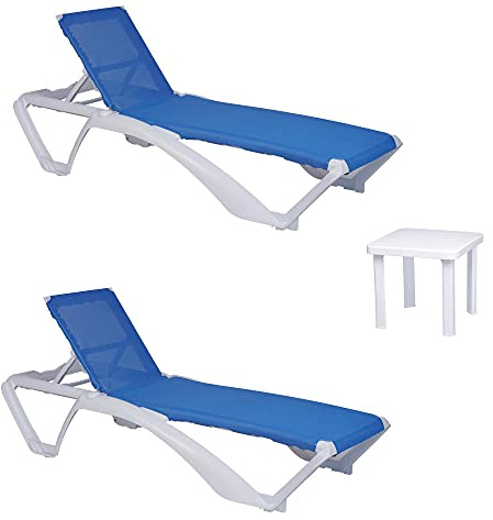 Resol garbar ACQUA-Andorra Set 2+1 Tumbona-Mesa Auxiliar Exterior | jardín, terraza, balcón, Playa, Piscina | apilable, reclinable, Ruedas, Posavasos | Estructura Blanca - Textilene Azul