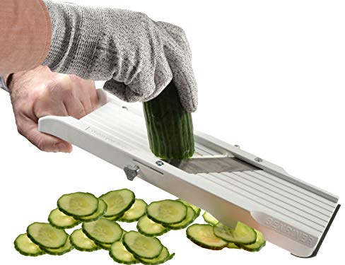 Benriner Mandoline Gemüseschneider Gemüsehobel 64 mm weiß inkl. Julienne Ersatzklingen und Fingerschutz + Prymo Schutzhandschuh