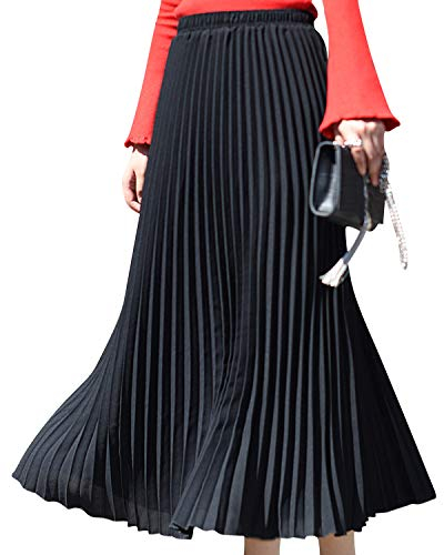 Camilife Damen Mädchen Plisseerock in Maxilänge Plissee-Maxirock Elastische Chiffon Langer Faltenrock Elastischer Bund für Frühling Sommer Herbst - 90cm Einfarbig Schwarz