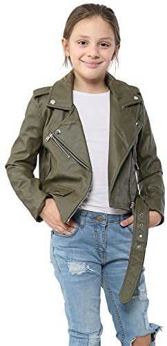 A2Z 4 Kids PU Leather Jacket Zip Up Biker Trendy Belted Coat - PU Leather Jacket 774 Khaki 9-10