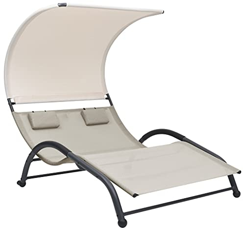KOIECETA Doppel Sonnenliege mit Sonnendach Doppelliege Gartenliege Liege Relaxliege Gartenmöbel Strandliege Freizeitliege Textilene (Creme)