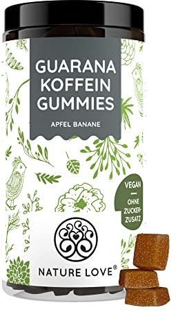 NATURE LOVE® Guarana Koffein Gummies – 90 Stück – ohne Zuckerzusatz – 45mg Koffein pro Tagesdosis – Gummies als Alternative zu Kaffee, Energydrinks und Koffeintabletten – vegan und laborgeprüft