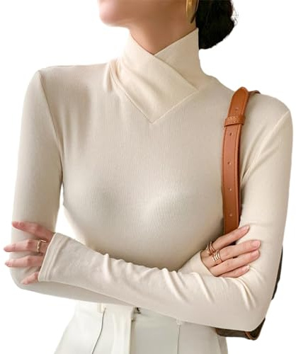 Juneyou Pull à col roulé en polaire pour femmes avec col montant, manches longues, base stretch, couche de base, slim fit, Blanc., S