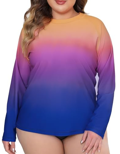 Halcurt Maglietta UV da donna, taglie forti, Rash Guard, a maniche lunghe, UPF 50+, protezione solare dai raggi UV, da nuoto, ad asciugatura rapida, 1X 4X, Ombré Rosso Blu, 3XL plus