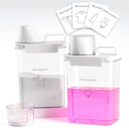 Vividron 2-pack tvättmedelsförvaring, förvaringslåda för organisering av tvättstugan med 4 avtagbara etiketter – dispenser för flytande tvättmedel, sköljmedelsbehållare (2, 1 800 ml)