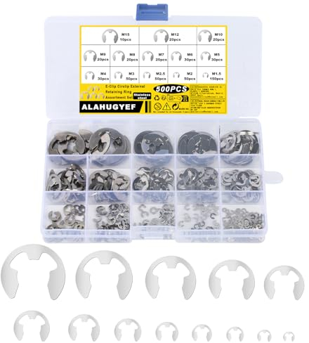 Set di 500 Clip di Ritenzione E-Clip, Anello di Fissaggio Interno ed Esterno, Kit di Anelli a Scatto, Disponibili in 13 Dimensioni