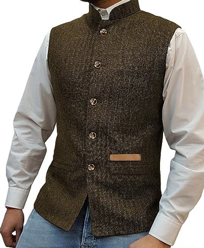 Yiaisafa Herr Mock Neck västar tweed väst stående fiskben retro brudgum fodrad vintage ull bröllop jakt, Brun, XL
