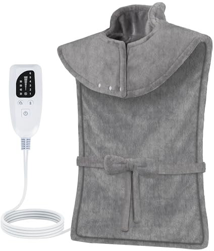 NALONE Heat Pad, Electric Heating Pads for Back Pain Relief, Neck and Shoulders (63x100cm),10ft Extra Long Cord, 6 Heat Levels, 4 Time Settings, Fast-Heating, Machine Washable (Grey)