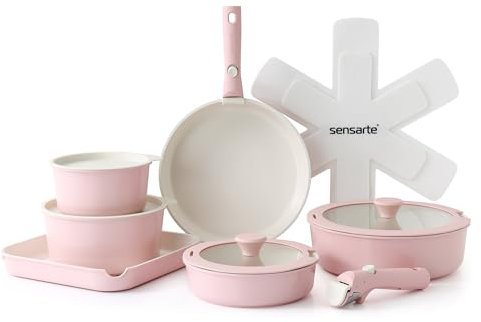 SENSARTE Set di padelle da 17 pezzi, antiaderente in ceramica, con manici rimovibili, Adatto all’Induzione, Padella 20/26 cm, Casseruole 16.5/20cm, Wok 26 cm, Padelle grill 26cm, impilabile