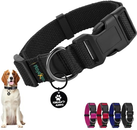 Collare Cane, Collare Regolabili in Morbido Cotone per Cani & Gatto Taglia Piccola Media Grande, Collari per Cane Personalizzato con Medaglietta Rimovibile, 35-50/2,5cm (M), Nero