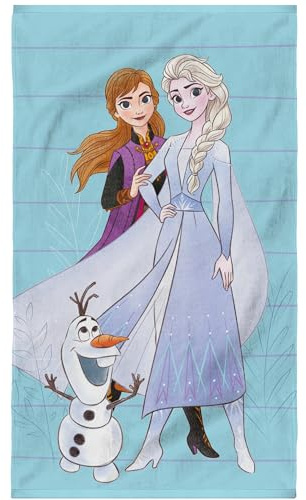 OMYDREAM Disney Frozen 2 Azur Serviette de Bain et de Plage 70x120 cm | Velours et Bouclette 100% Coton | Oeko-TEX | Imprimé Enfant Fille La Reine des Neiges Elsa Anna Olaf | Bleu