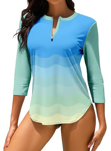 WOWENY Costume da Bagno Anti UV da Donna, con Protezione Rashguard, Maniche A 3/4 Cerniera A 1/4 Asciugatura Rapida, per Acqua, Surf, Spiaggia