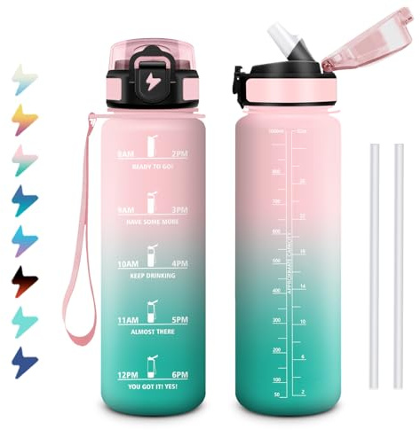 Bouteille d'eau 1L, Gourde Motivation avec Marqueur de Temps, Gourde avec Paille, Facile à Nettoyer, Étanche et Réutilisable, Bouteille pour Bureau, Déplacements, Yoga, Course à Pied, Camping