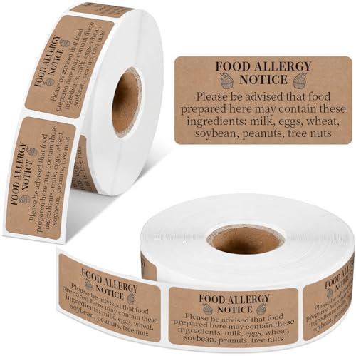 Gueevin 600 Count 1x2'' Food Allergy Warning Labels Allergies Restaurant Food Safety Self Adhesive Stickers Restaurant Removable Thermal Printed Labels for Kitchen(Brown)