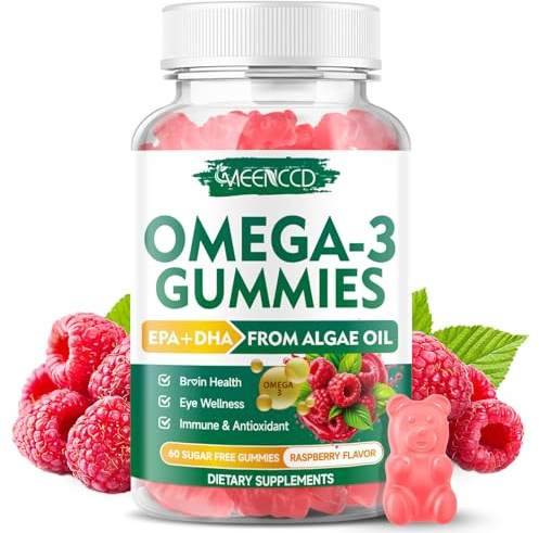 Vegan Omega-3 Gummies 1000mg, Omega 3 Fish Oil Alternative for Adults, Algae-Based DHA 600mg & EPA 300mg + Vitamins A, C, E, Zinc, Supports Overall Wellness, No Fish Taste, 60 Count