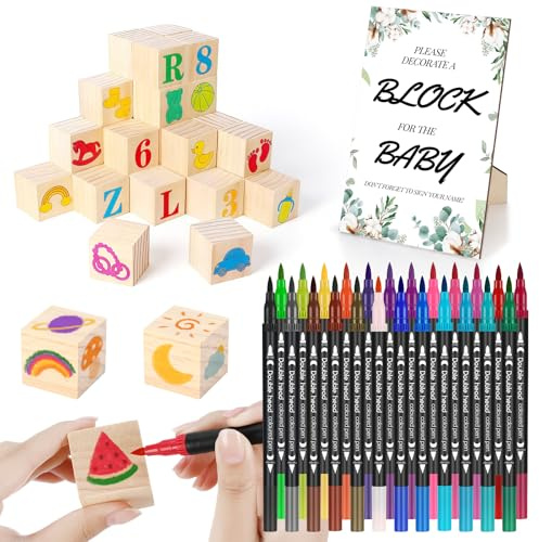 Zippicks Kit Juegos de Baby Shower, 77 PCS Baby Shower Kit de letreros de Juegos 3,5 x 3,5 CM, Cubos de Madera Baby Shower, para Baby Shower, Decoración de Mesa, Adecuado para Niños y Niñas