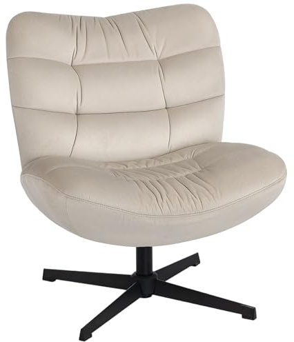 HOMCOM Fauteuil Salon pivotant à 360°, Chaise rembourrée en Chenille sans accoudoirs, Assise et Dossier Extra-Larges, Pieds croisés en Acier, Fauteuil de Chambre, Salon, Bureau, crème