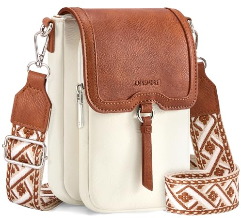 RAINSMORE Sac Bandoulière Femme Cuir Petit Sac a Main Femmes Bandoulieres Sacs à Main Portés Épaule Imperméable Sacoche Femmes Téléphone avec Bretelles Réglables Blanc et Marron