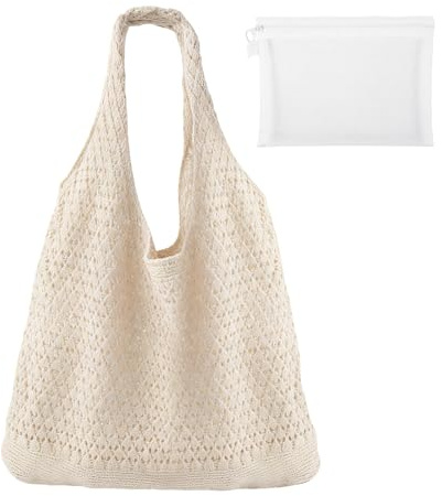 Borsa da Spiaggia in Rete All'uncinetto,Borsa a Rete con Trousse per Cosmetici,Borsa a Tracolla da Spiaggia Bohemien,Beach Tote Bag Pieghevole Borsa da Viaggio per Lavoro Ufficio Viaggi Shopping