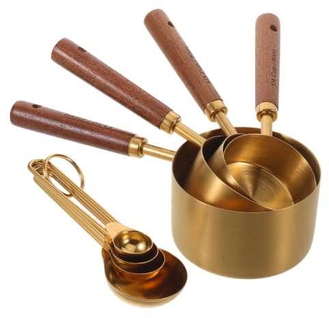 OSALADI 8 st måttskedar och koppar i rostfritt stål, gyllene finish | Mätkoppar med trähandtag för bakning, matlagning, torra ingredienser, kryddning, espresso, lösbladste, mat