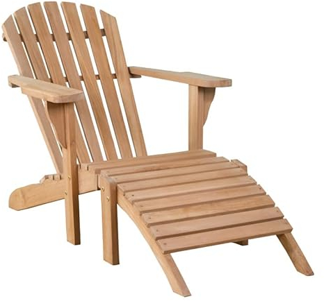MR. DEKO® Sonnenliege Adirondack Montreal - Gartenliege aus Teak Holz - wetterfest & langlebig - Deckchair für Garten, Balkon & Sauna - Luxus Holzliege mit Abnehmbarer Fußstütze - Wellnessliege