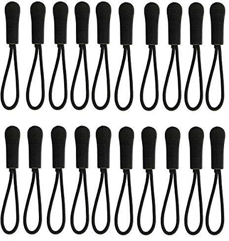 20PCS Replacement Zipper Pulls Zip Cord Puller Slider for Bags Tent Clothes (Black)