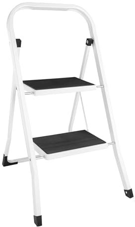 Foldable 2 Step Steel Ladder - Non Slip Tread Stepladder Safety, Kitchen, Home, Industrial, DIY Steel Construction | Strong & Durable, Long Lasting Fold, Space Saving