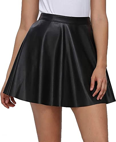 Fahsyee Leather Skirt Faux Skater Mini A-line High Waist | Plus Size Pleated Casual Stretchy Elegante Fasion