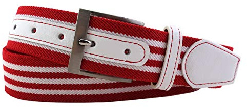 TigerTie Cintura elastica di alta qualità con fibbia in acciaio inossidabile e applicazioni in vera pelle, larghezza 40 mm rosso/bianco 120 cm vita = 135 cm lunghezza Totale