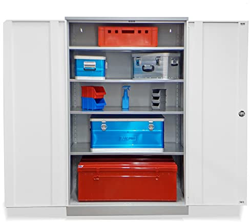 Schrank & Stuhl Werkzeugschrank Obelixxx – Werkstattschrank/Stahlschrank mit 4 höhenverstellbaren, vollverzinkten Fachböden, 195x120x50 cm (HxBxT), Grau/Weiß