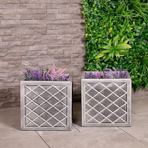 CHARLES BENTLEY Pair of Lazio, Square, Pewter Planters, Grey, Plastic, Plant Pot, Outdoor, Garden, Patio, Porch, Decking, Set of 2, Lightweight, Contemporary, Made In UK, Trendy (32x32x30cm)