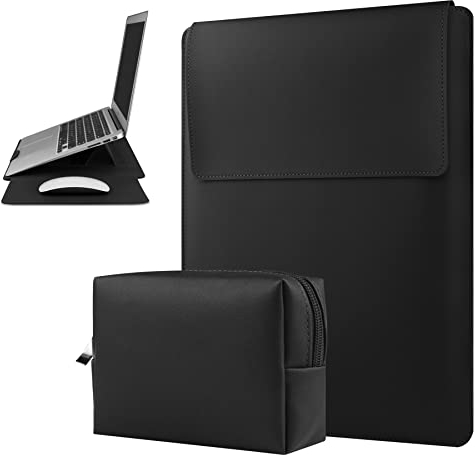 HoYiXi 15 16 Inch Laptop Sleeve Case Leather Case with Adjustable Stand Compatible with MacBook Pro 16 2021 & 2019/15.4'' MacBook Pro 15 (A1990 A1707 A1398)/ 15'' Surface Laptop 3, Sleeve Pouch Black