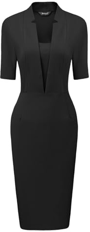 Allegra K Robe Fourreau Femmes Col en V Manches Courtes Travail Bureau Moulante Robes Mi-Longues Noir XL