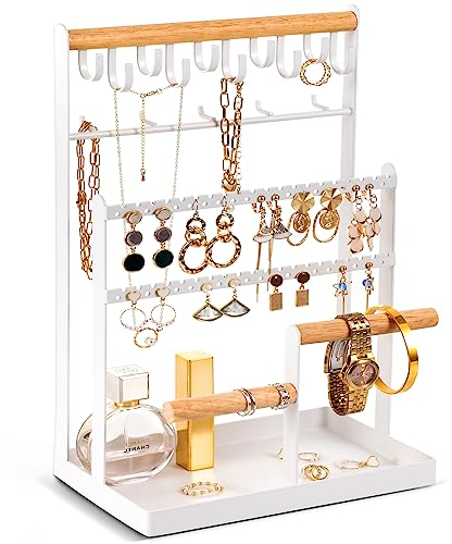 ProCase Schmuckständer Schmuckhalter für Ohrring Ohrstecker Ketten Schmuck Organizer Jewelry Ständer mit 15 Haken, 40 Löcher Ohrringhalter Schmuckaufbewahrung für Halsketten Armbänder Ringe -Weiß
