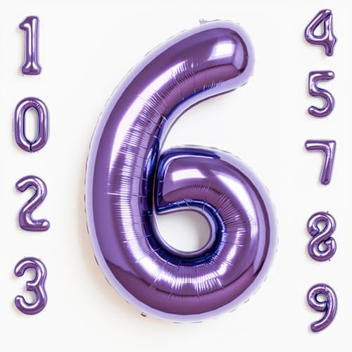 RainbowQ Party Purple Number 6 Balloon, 40 Inch Large Purple Foil Balloons for Birthday Party Anniversary Graduation New Year Celebration Decorations Supplies