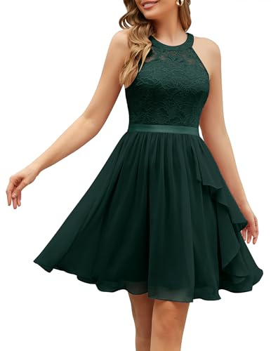 Wedtrend Robe de cocktail élégante pour mariage en A ligne avec encolure en dentelle, volants, longueur genou, en mousseline, robe de soirée pour femme, vert foncé, XS