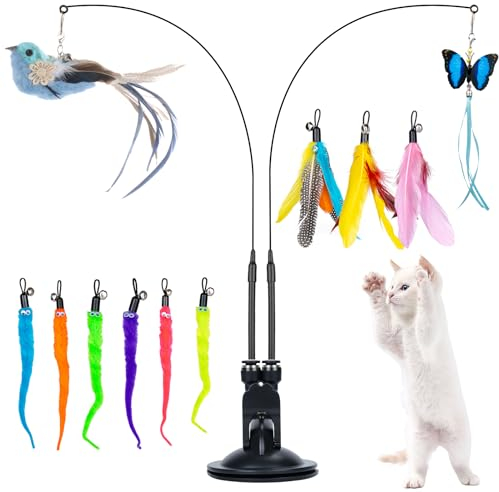 MEYDLL 14 Stück Interaktives Katzenspielzeug mit Feder Katzenangel Katzen Federspielzeug mit 2 Loch Saugnäpfe für Kitten Katze Zauberstab Spielzeugdraht mit Vogel Federn Schmetterling Wurm