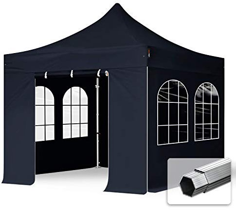 TOOLPORT 3x3 m Faltpavillon, Professional Alu 40mm, schwer entflammbar, Seitenteile mit Sprossenfenstern, schwarz