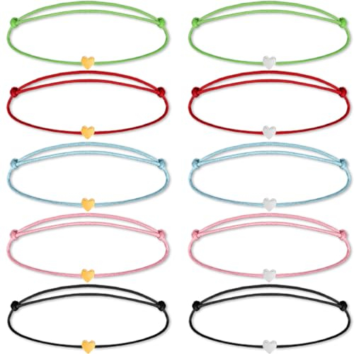 LZKHEH Herz Freundschaftsarmbänder für Damen - Set aus 10 Stück - Textilbänder mit goldenen und silbernen Herzen - Handgefertigt und größenverstellbar - als Geschenk für beste Freundinnen
