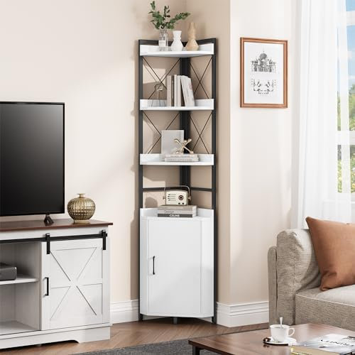 YITAHOME Eckregal mit 4 Ebenen, industrielles Bücherregal mit Schrank, freistehendes Bücherregale aus Holz, Lagerregale für Wohnzimmer, Heimbüro, Flur, weiße Standregal