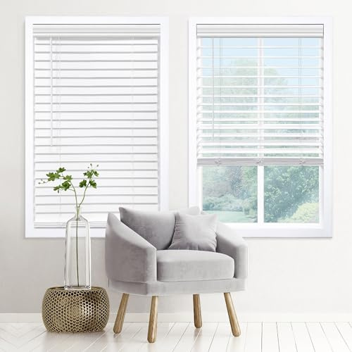 DEZ FURNISHINGS Cordless 2 Signature Faux Wood Blind, 26 W x 48 H, Embossed White