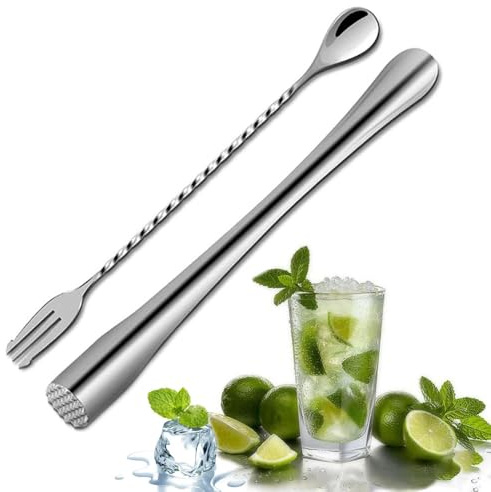 Mortero de cóctel de acero inoxidable con cuchara de cóctel, triturador de mojito, triturador de hielo, coctel, accesorios para cocina, bar, restaurante