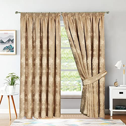 PRIME LINENS Curtain for Living Room Pencil Pleat Jacquard Curtain Fully Lined Modern Panels for Bedroom with 2 Free Tie Backs (W 66'' x L 54'', Gold)