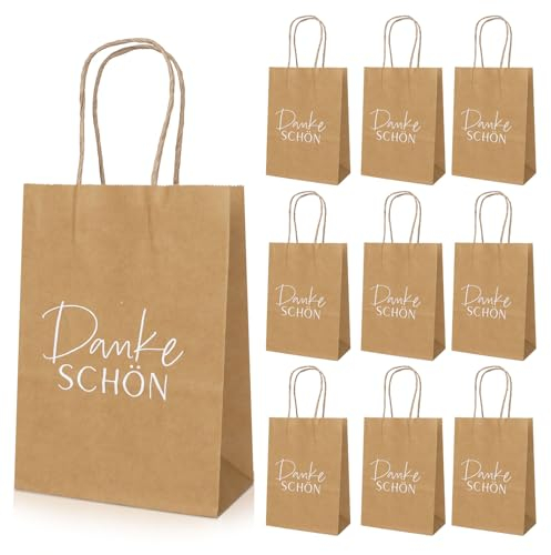 10 Stück Papiertüten mit Henkel Kraftpapier 21 * 15 * 8cm Papiertragetaschen Geschenkverpackung Mitgebsel Tüten Mitgebseltüten Geschenktüten für Party Geschenk Hochzeit Geburtstag (Dankeschön)