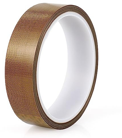 BOMEI PACK Cinta de PTFE de Alta Temperatura 25mm x 10m para Selladoras al Vacío y Manuales por Impulso - Adhesiva Aislante de Fibra de Vidrio Recubierta