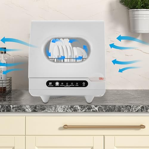 DAOHHFO Mini lave-vaisselle, avec 5 programmes, plan de travail, pas d'installation, 5 l d'eau requise, équipé de tuyaux d'alimentation et de vidange pour un usage domestique