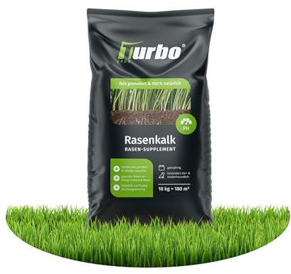 Rasenkalk und Gartenkalk, Turbogrün, 18kg für 180m², gesunder Rasen gegen Moos und Pilze, verstärkt Düngung, Staubarm, Rasendünger Frühjahr, Ideal für den Streuwagen