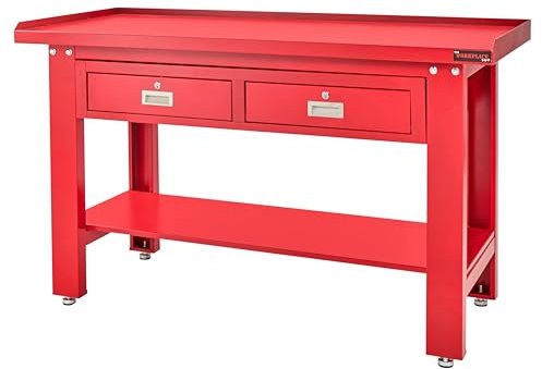 The Workplace Depot Steel Work Table – Heavy-Duty Red Steel Workbench with Lockable Drawers, Adjustable Feet – Ideal for Professional Workshops, Offices & Warehouses