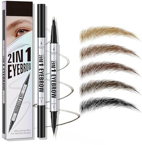 Eyebrow Pencil, Microblading Eyebrow Pen, 2-In-1 Dual-Ended Eye Brow Pencil with 2 Fork Tip & Precise Brush, Create Natural Hair-Like Brows, Waterproof, Last All Day, Shaping, Defined (Dark Brown)