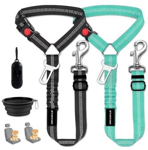 PAWPUBBY Dog Car Seat Belt - Adjustable Pet Safety Harness, Crash Tested Vehicle Restraint for Small Medium Large Dogs, Vehicle Seatbelt Clip & Tangle-Free Design for Safe Travel (Lake Green+Black)